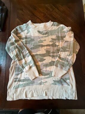 Camo Long Pullover Sweatshirt Neutral Ribbed Oversized Cozy Top